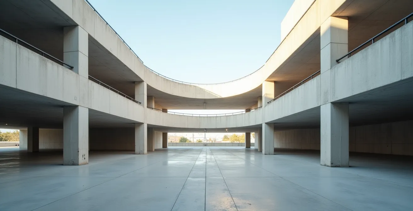 Vue architecturale épurée d'un parking moderne multi-niveaux